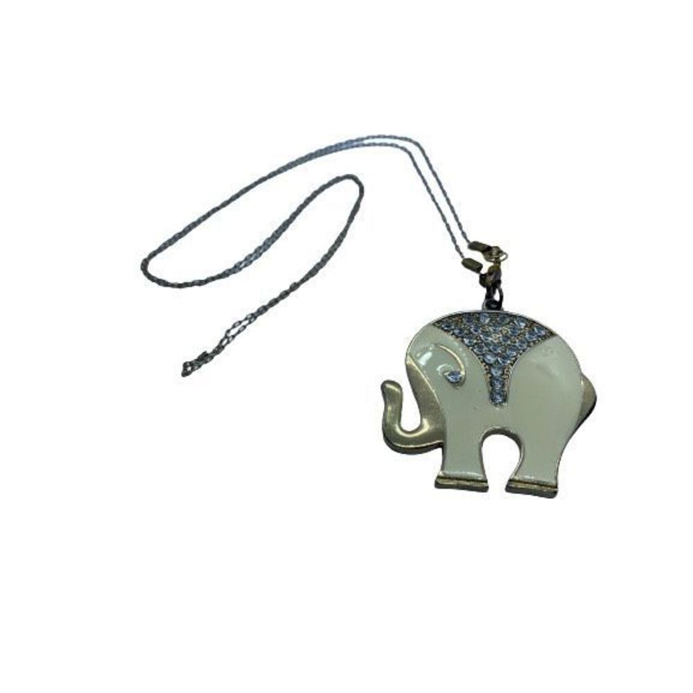 Unique Off White Enamel & Rhinestone Elephant Pendant on 28” Long Delicate Chain